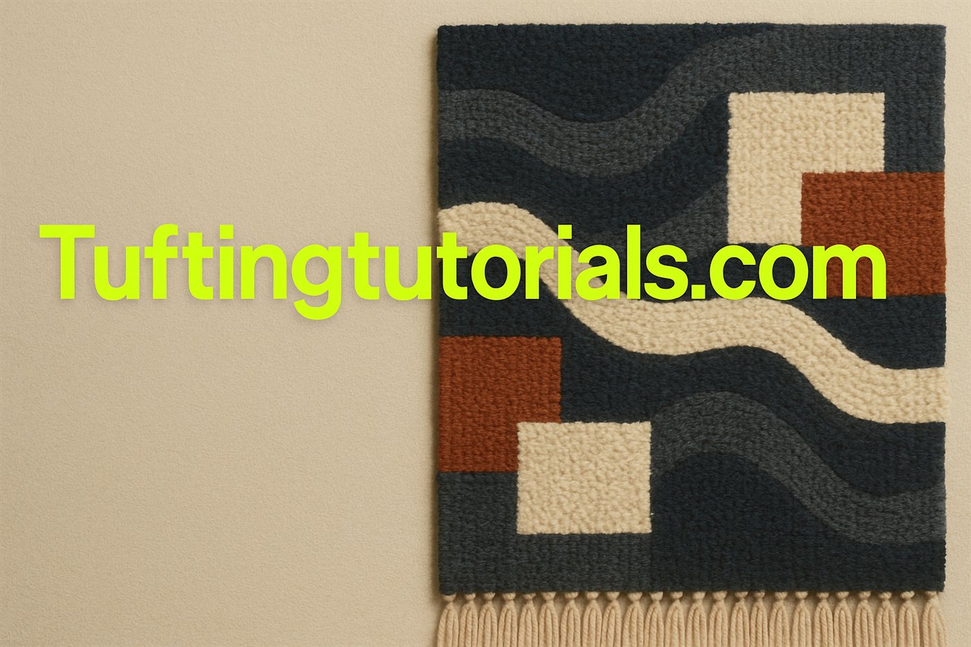 Woven tufting workspace with yarn, frame, and finished rug in warm tones