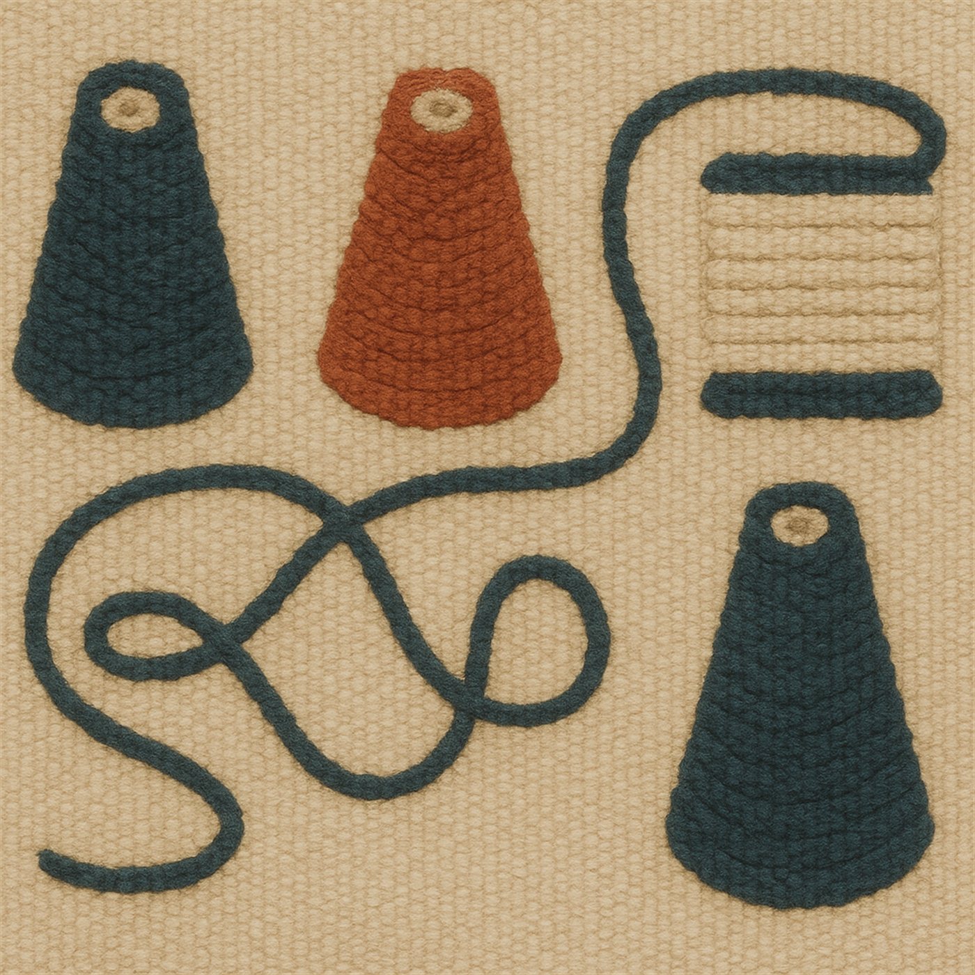 Woven tapestry panel showing stylized yarn cones in indigo and madder hues